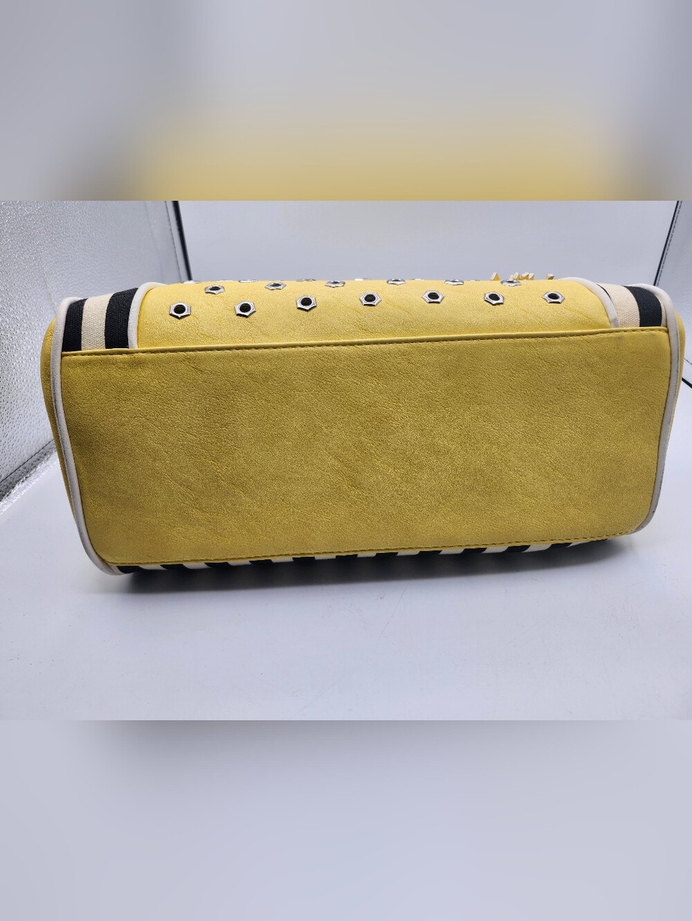 Melie Biiano Yellow Black White Striped Studded Satchel Tassels Luxury Vegan - Picture 5 of 7